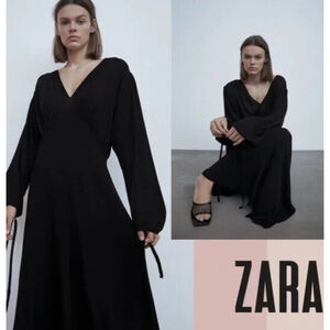 Zara V-neck Maxi Knit Black Dress with Long Sleeves Tied Cuffs Sz S